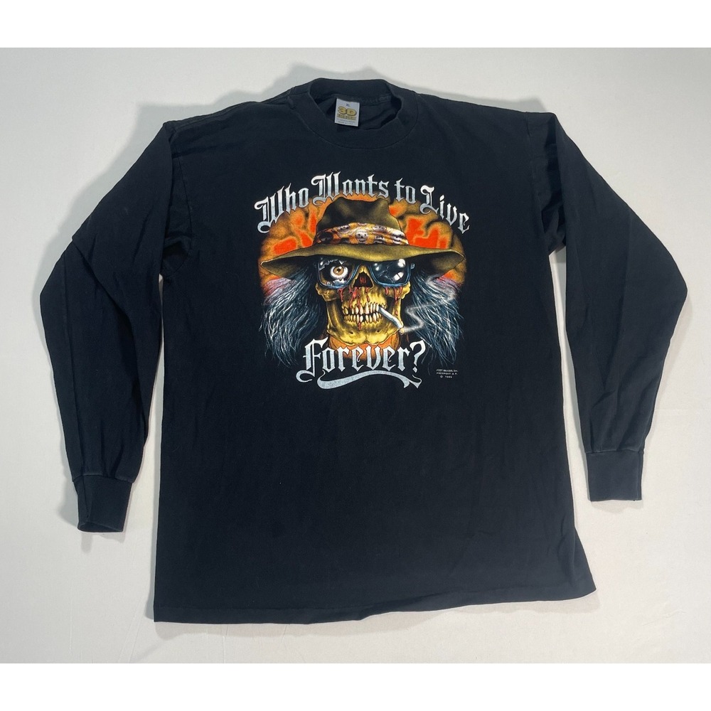 VTG Just Brass 3D Emblem 80s Who Wants to Live Forever Long Sleeve T-Shirt Sz XL